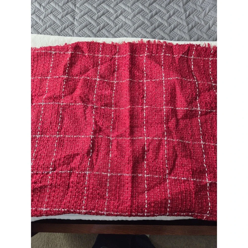 Red Silver Metallic Striped Large Rectangle Scarf Fringe Lightweight Gauzy